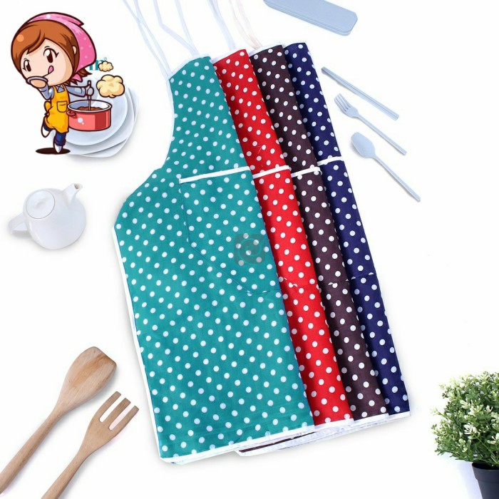 Elmart Apron Celemek Masak Kain Cotton Katun Polkadot Dewasa Panjang