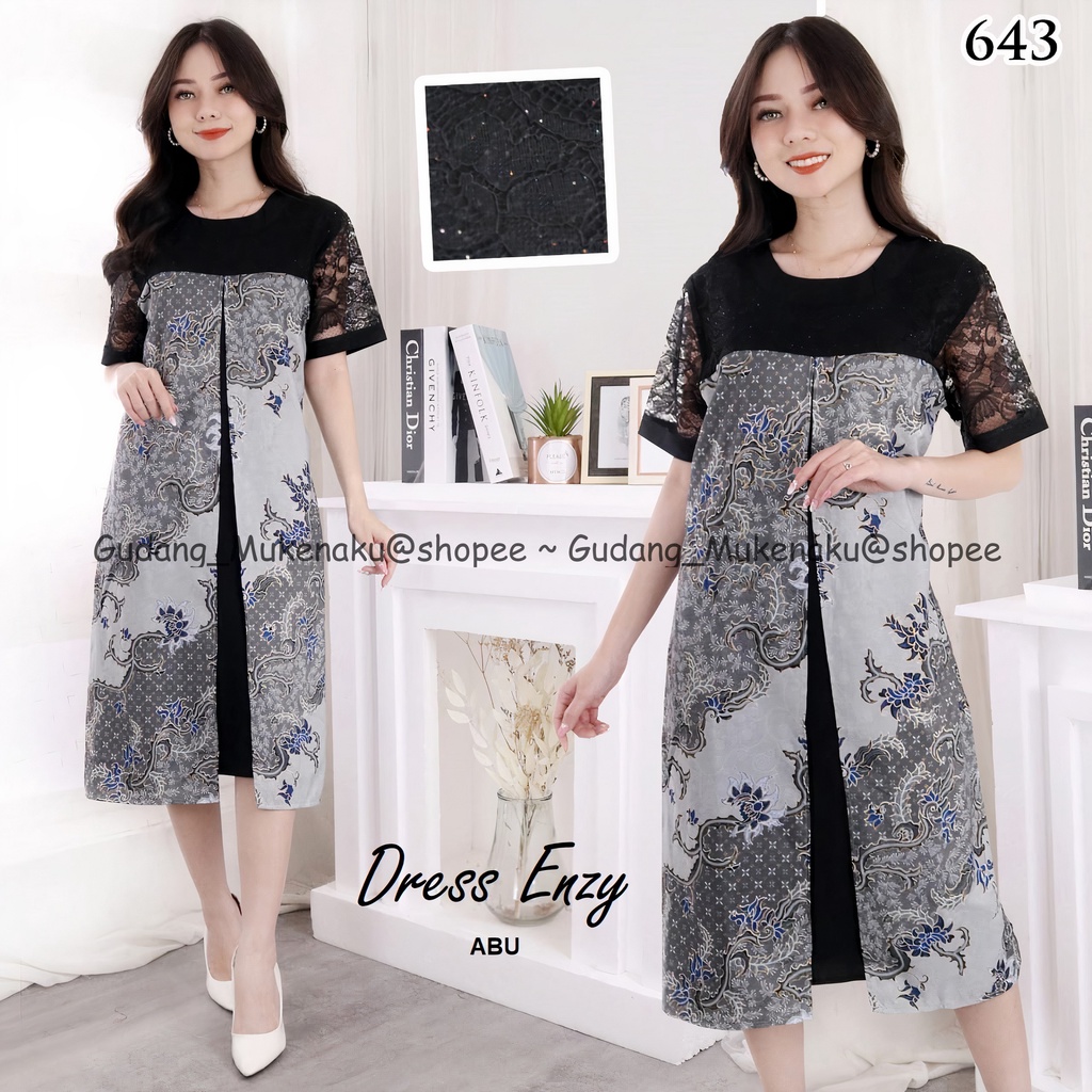 Gudang_Mukenaku Dress Enzy Bahan Katun Batik Kombinasi Brukat Pakaian Fashion Wanita Dewasa Terbaru Premium COD bisa bayar di tujuan