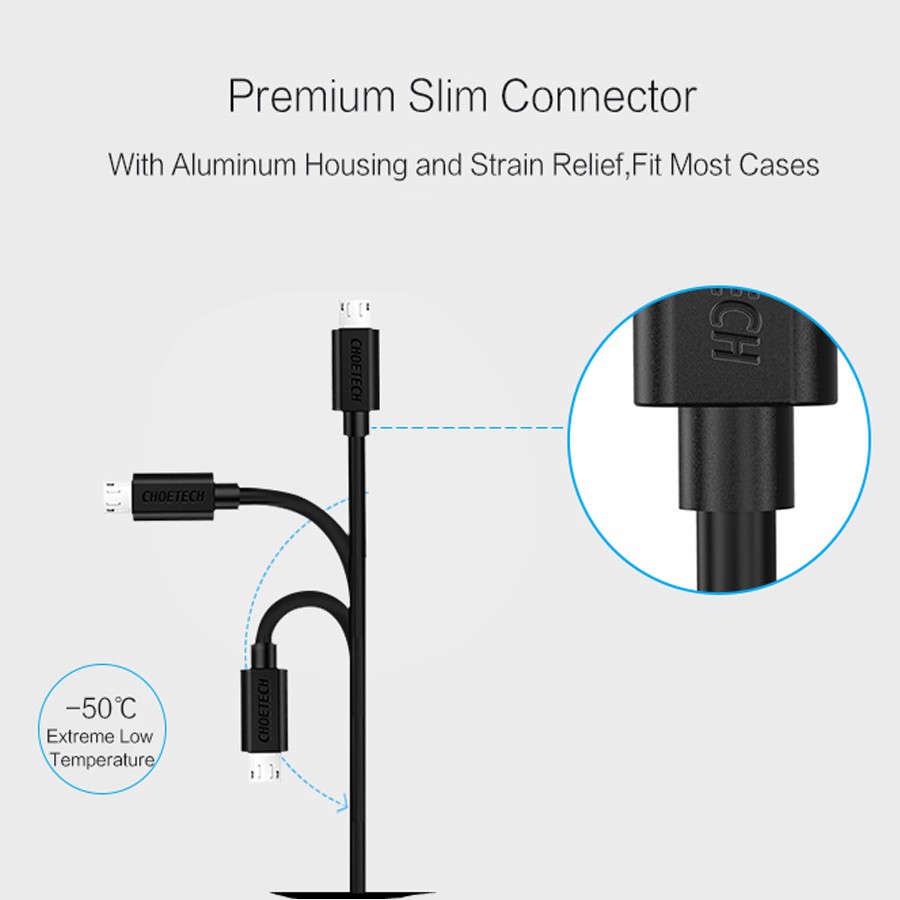 Kabel Charger Choetech SMT0009 Micro USB / Type C Fast Charging 2.4A 1M