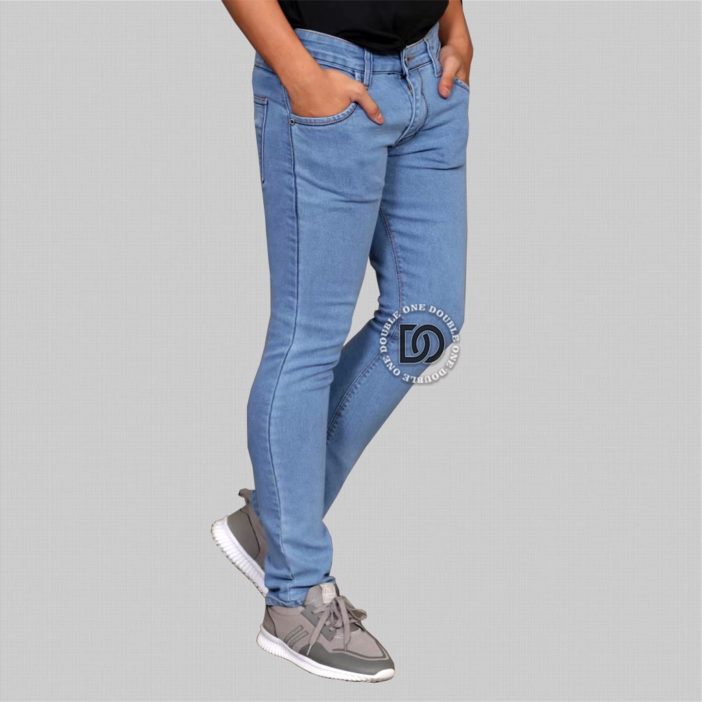 DOUBLE ONE Celana Jeans Panjang Pria Slim Fit Original FIFTEEN DENIM Biru Muda