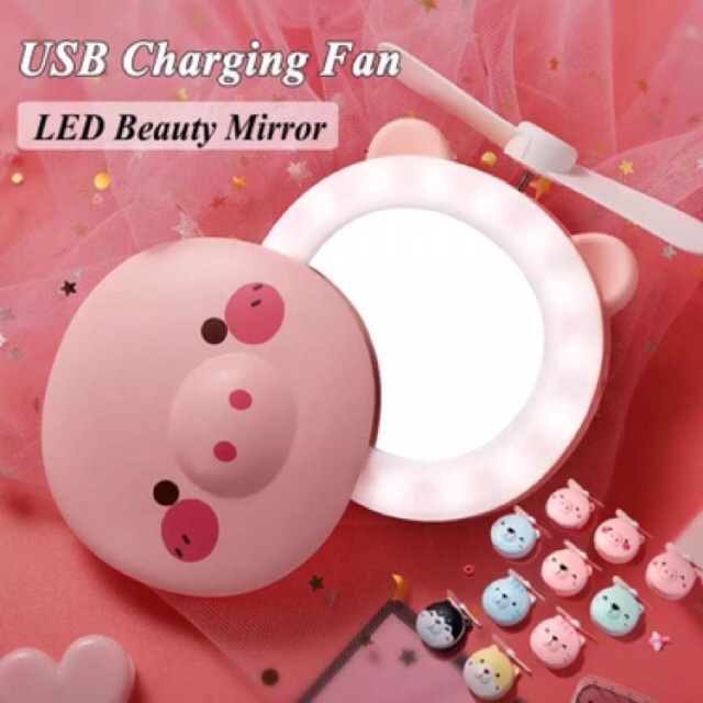 [ BISA COD ] CERMIN LAMPU LED Mini Fan Kipas karakter 3in1 Portable USB Kaca Rias Makeup Impor