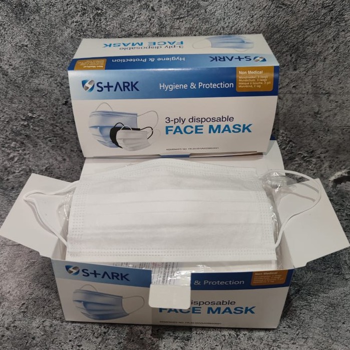 MASKER 3PLY STARK PUTIH WHITE PP 50 NON WOVEN EARLOOP DISPOSABLE FACE MASK ISI 50 PC