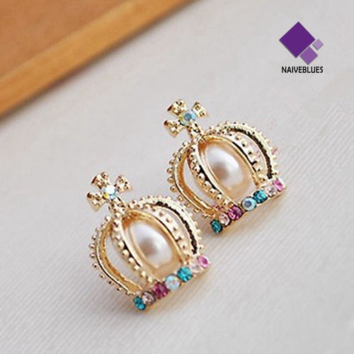 Anting Stud Desain Mahkota Princess Warna-Warni Aksen Mutiara Berlian Imitasi