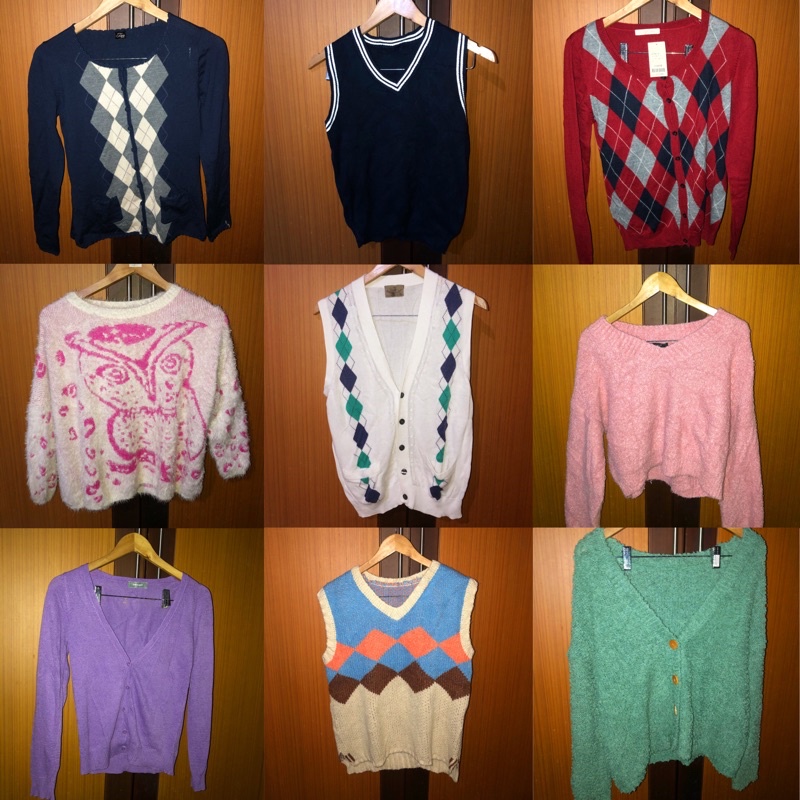 argyle ketupat cardigan fuzzy vest academia