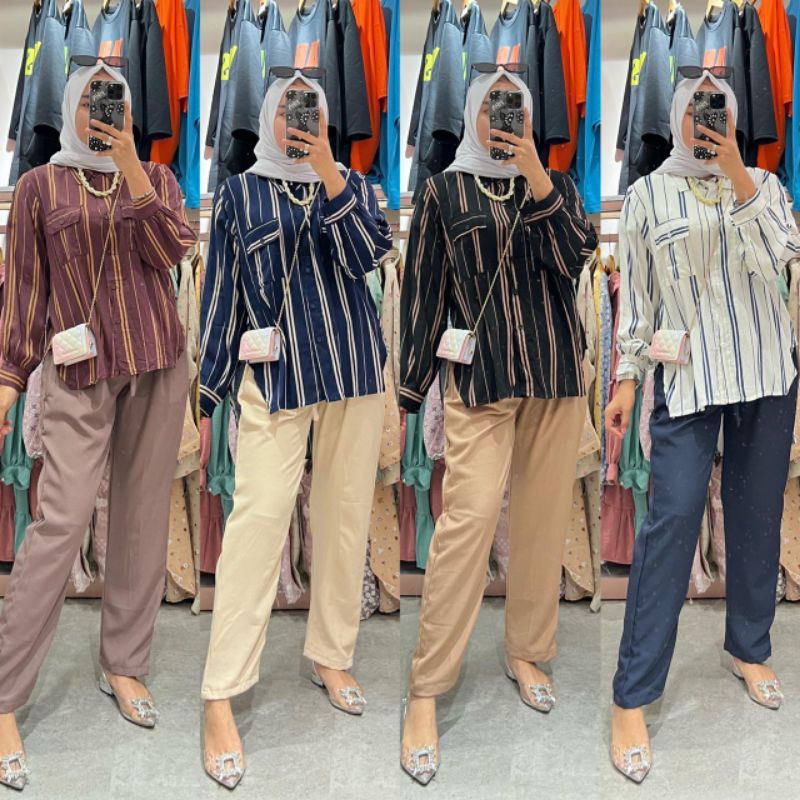 Setelan Setcel Oneset Wanita Motif Salur Rayon Kombinasi Shakila PREMIUM BUSUI TERBARU BEST SELLER
