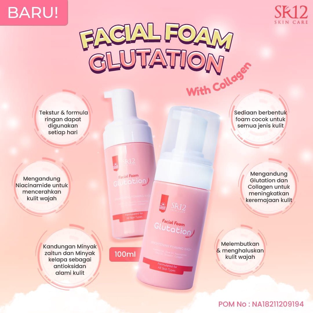 SR12 Facial Foam Glutation with Collagen 100ml Melembabkan Glowing Mencerahkan Kulit Wajah BPOM