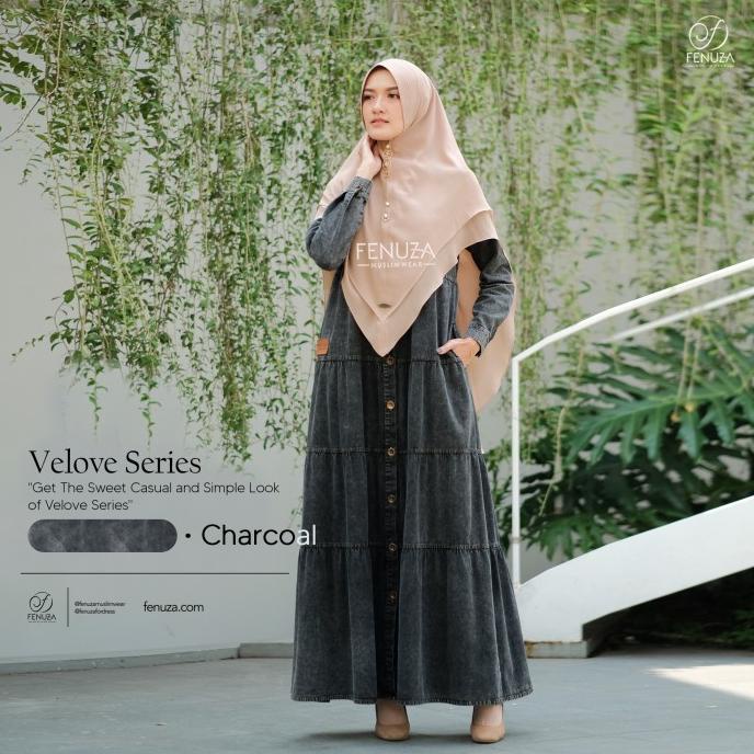 VELOVE DRESS CHARCOAL FENUZA GAMIS SAJA KATUN DENIM POLOS