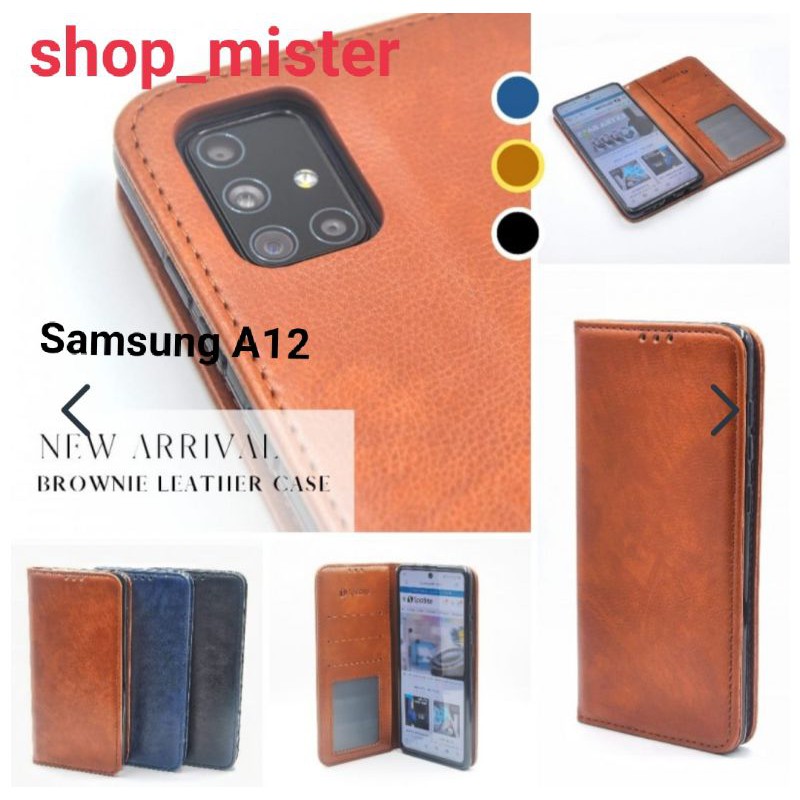 Leather Case Flip Sarung Buku Kulit Samsung A12