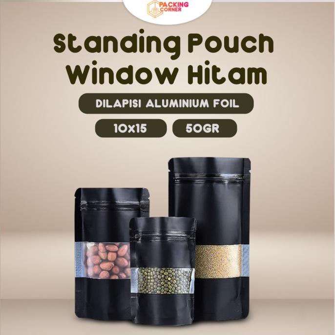 Standing Pouch Window Hitam 10x15 cm Plastik Alumunium Foil METALIZED