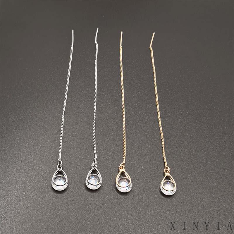 Anting Rumbai Panjang Bentuk Water Drop Bahan Zirkon