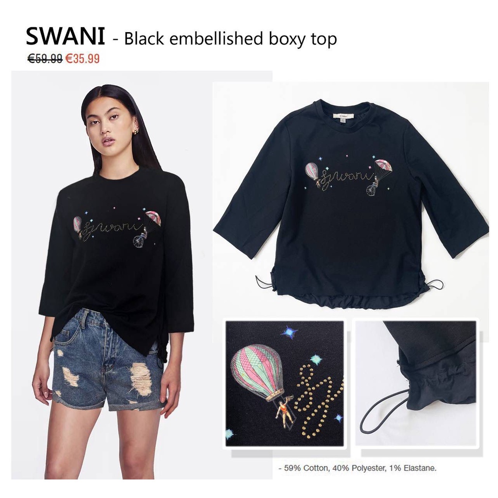 S wani black, Green &amp; white embellished boxy top