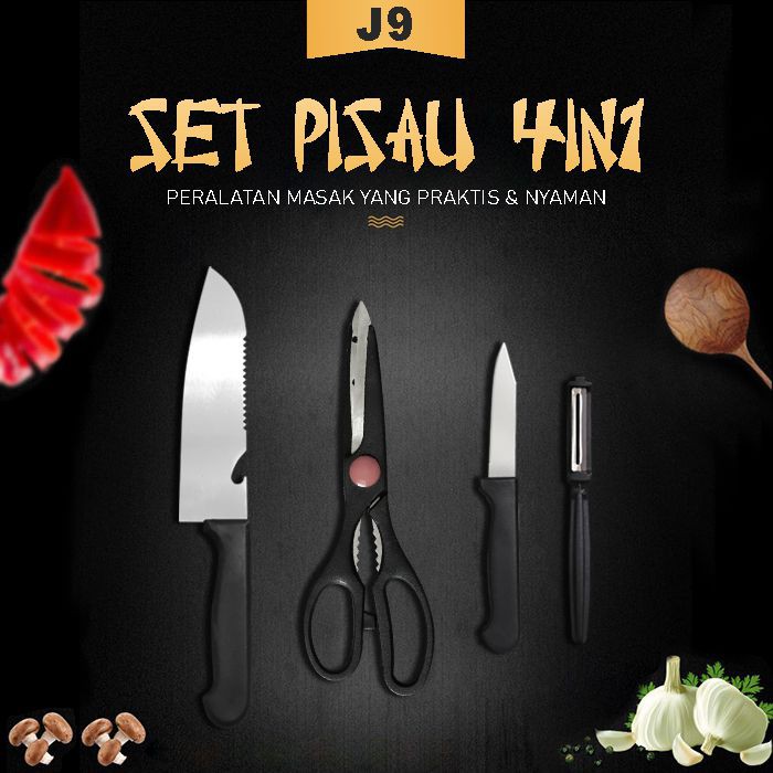 Set Pisau Dapur Hitam 4Pcs in 1 Chef Knife Gunting Peeler Pisau Buah - J9