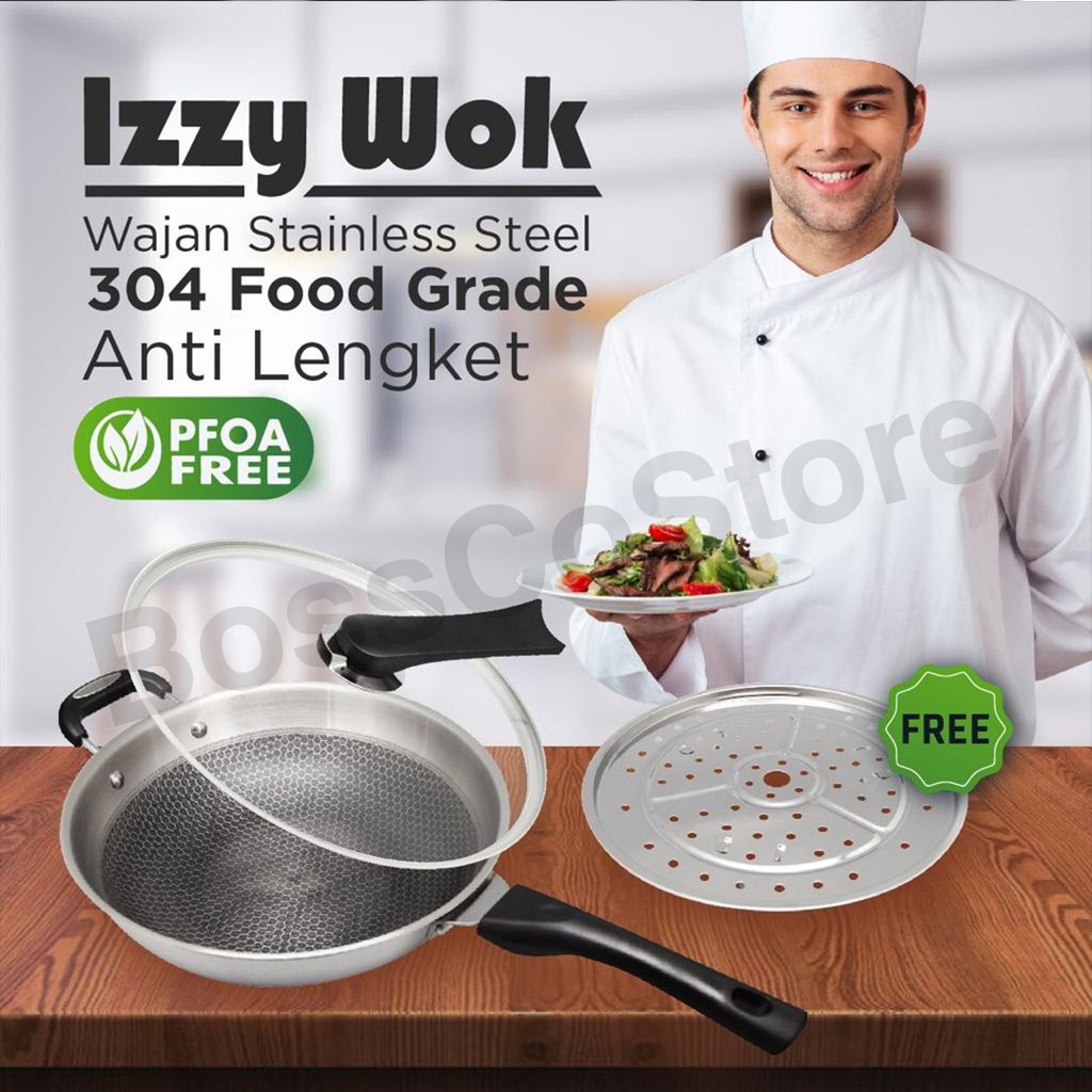 IZZY Wok Fry Pan Stainless steel 30cm wajan penggorengan stainless non stick fry pan original wajan antilengket wajan anti lengket wajan premium kuali antilengket panci penggorengan stainless wajan tebal premium