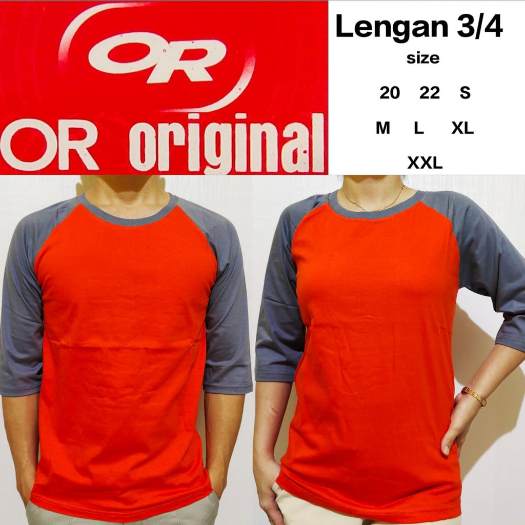 Kaos Polos Reglan Orange Lengan Abu Tua 3/4 size 20 22 S M L XL XXL