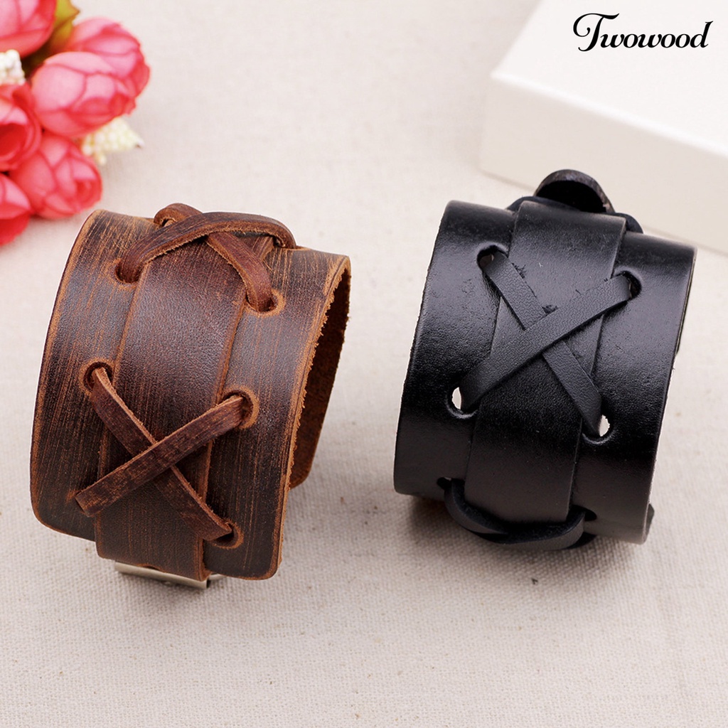 Gelang Bahan Kulit Imitasi Dengan Buckle Metal Adjustable Gaya Punk Rock Untuk Pria