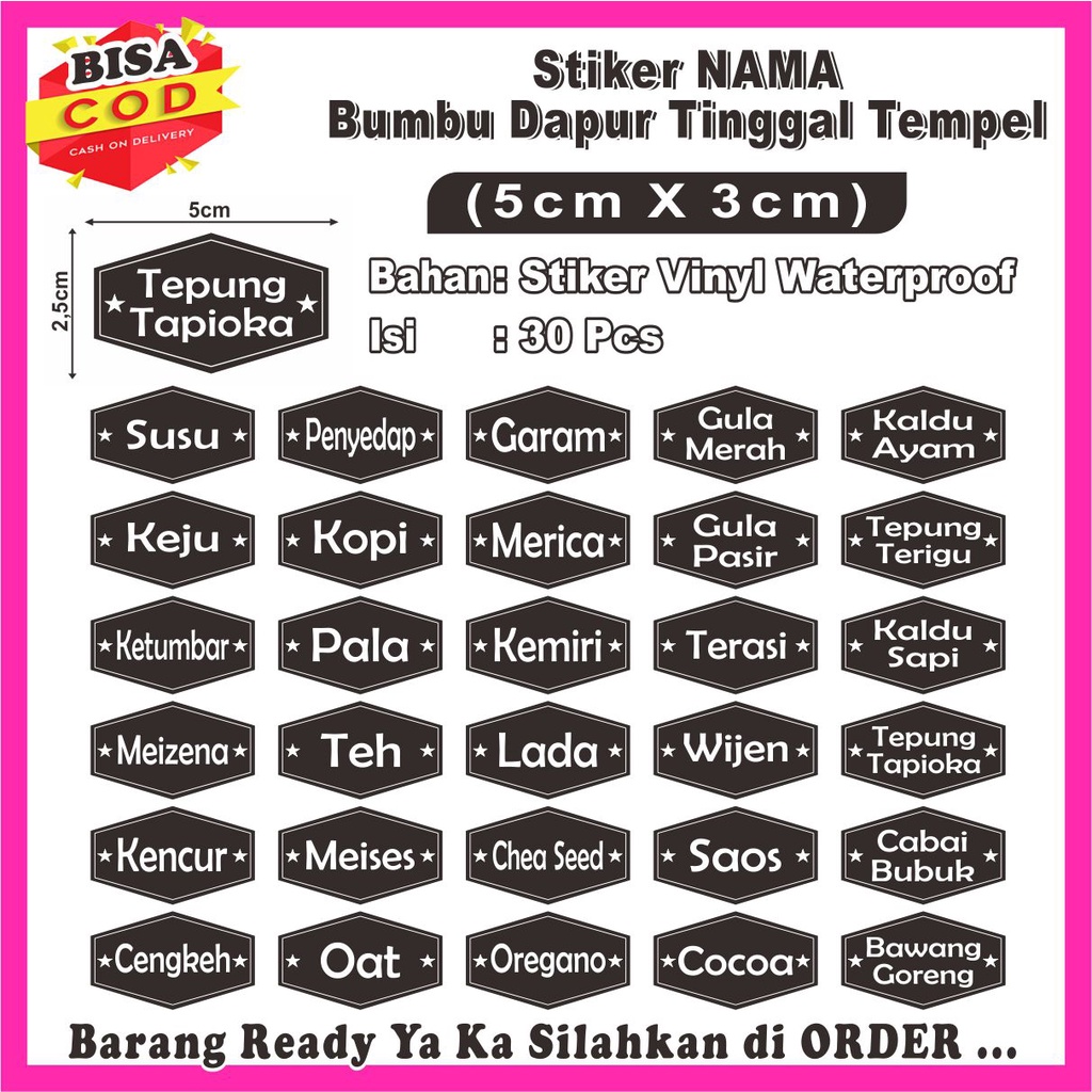 

COD✔ Stiker Label Nama Bumbu Dapur Tahan Air Isi 30 Pcs ukuran 3x5cm