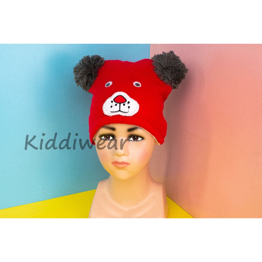 kiddiwear TOPI ANAK TOPI RAJUT POMPOM BORDIR MATA BEST QUALITY TOPI BAYI KUPLUK BEAR TP15