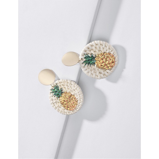 LRC Anting Tusuk Fashion Beige Rattan Printed Round Pineapple Earrings