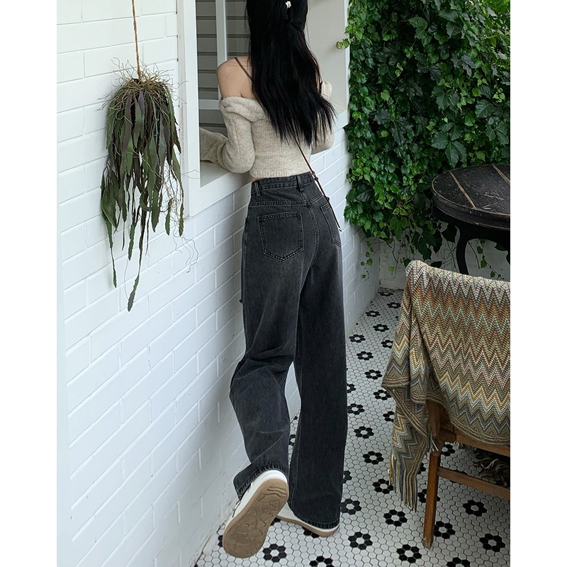 Korean Style Retro Robek Highwaist Celana Jeans Wanita Loose --Jeans Robek Cewek（realpict）