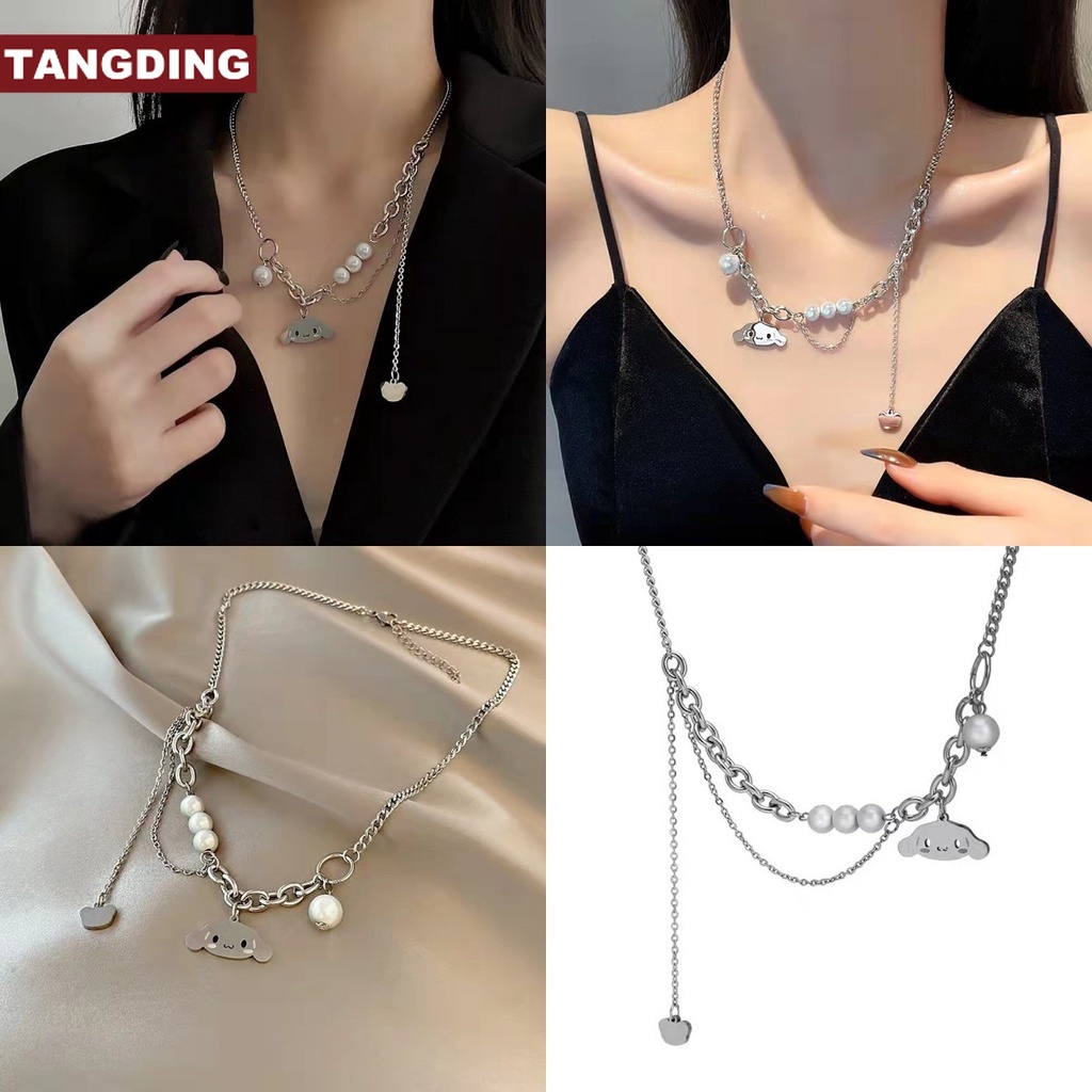 【COD Tangding】Kalung Rantai Klavikula Hias Liontin Tengkorak Mutiara Gaya Hipster Untuk Wanita