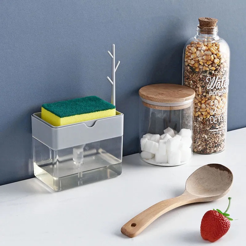 2in1 Dispenser Pompa Sabun Baki Dapur Spons Dispenser Sabun Manual Tekan Sabun Cair Dispenser
