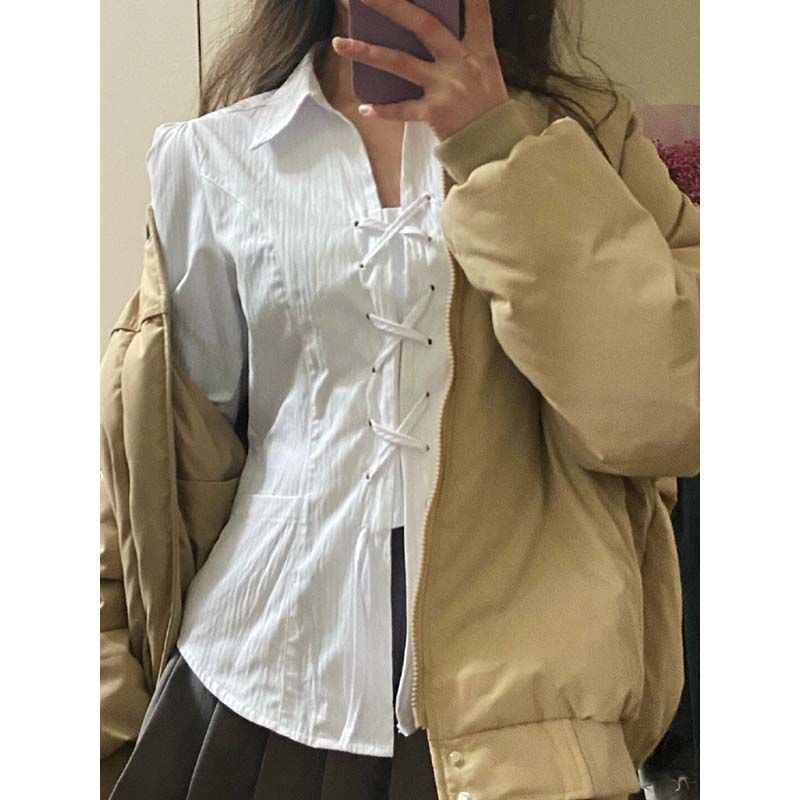 Suhao Musim Semi New Collegiate Style Sweet Small People Slim Retro Court Desain Sensitivitas Small People String Shirt Wanita