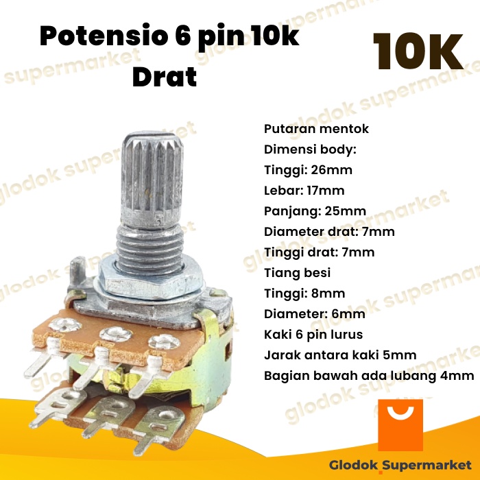 Potensio 6 pin 10k Drat Stereo Kaki 3-3 Lurus Volume Mixer 103