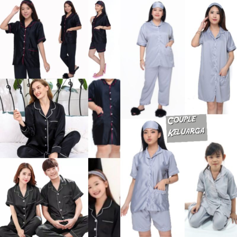 BAJU TIDUR WARNA HITAM/ABU/PIYAMA COUPLE SETELAN SATIN POLOS