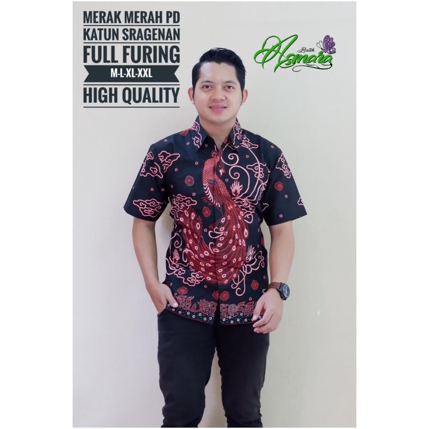 BATIK PREMIUM MERAK MERAH KEMEJA BATIK SOLO PRIA LENGAN PENDEK LAPIS FURING ATASAN PREMIUM MODERN KO
