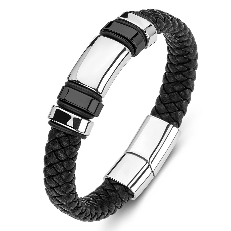 Gelang Bahan Kulit Dengan Buckle Magnetik Warna Hitam Glossy Gaya Klasik Untuk Pria