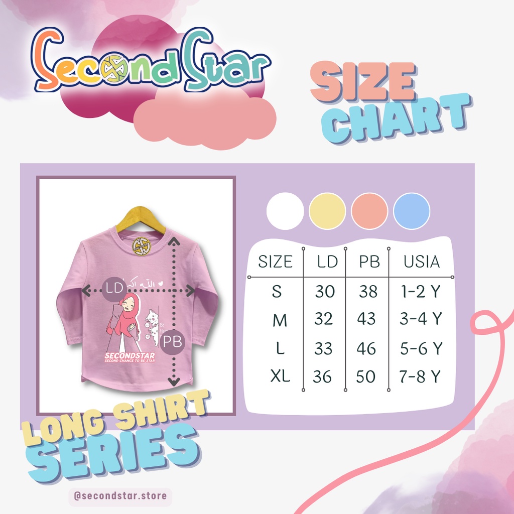 Secondstar baju anak perempuan Kaos oblong lengan panjang islami warna peach pastel 1-8 tahun