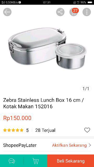 Zebra Stainless Lunch Box 16 Cm / Kotak Makan 152016