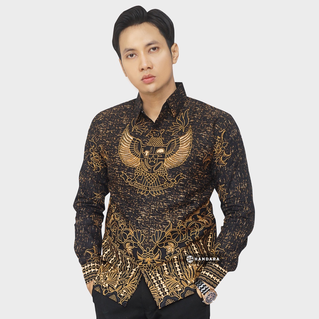 Baju Kemeja Batik Pria Lengan Panjang Slim Fit Premium Modern Full Furing Katun Halus Original Handara Motif Bhinneka Garuda Pancasila HB-259