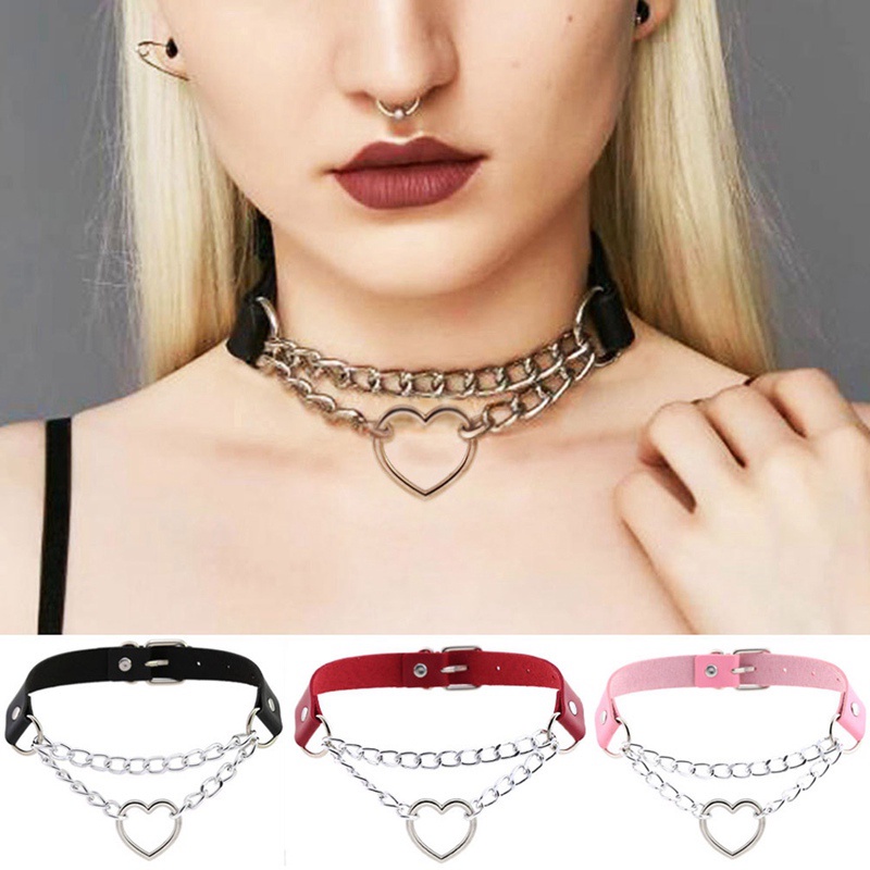 Gothic Punk Leather Choker Heart Pendant Chain Buckle Collar Necklace Jewelry