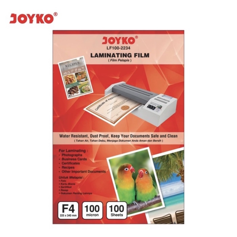 ( Pak 100 Lembar ) JOYKO PLASTIC LAMINATING FOLIO / F4 TEBAL 100 MICRON / PLASTIK LAMINATE LF100-2234