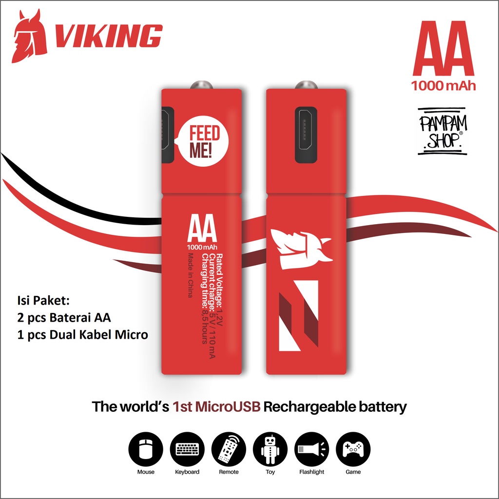 Viking Baterai AA Cas Micro USB Rechargeable Battery 1.2V 1000 mAh Batre Batrai Bisa Isi Daya Ulang Dicas