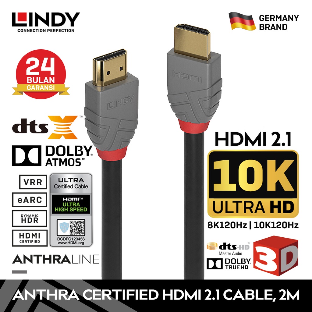 Kabel HDMI 2.1 LINDY 2m 10K 8K 120Hz HDR Ultra High Speed Cable 48Gbps PS4/PS5 EARC Certified 36953