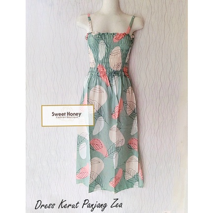 Sweet Honey ~ Dress Kerut Panjang Semok Bali Zea Tali Satu BH Motif Bunga dan Etnik Random