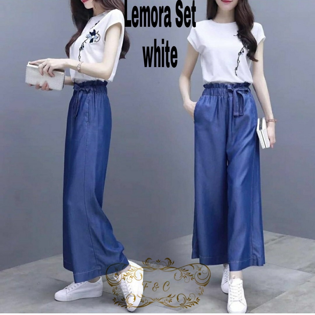 Set Lemora / Setelan wanita Korea terbaru / Setelan OOTD / BAJU SET KULOT DENIM WANITA KEKINIAN FD