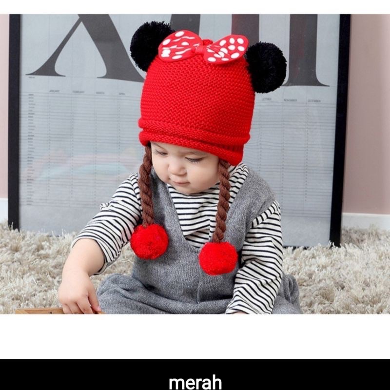 Topi Rajut kepang anak model Mickey Mikey pita