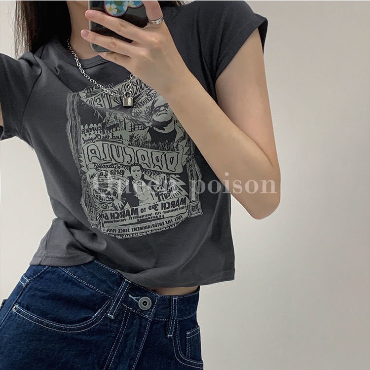 Suhao Kaos Wanita Lengan Pendek Musim Panas Baru Eropa dan Amerika Street Vintage High Street Bm Style Slim Fit Short Top