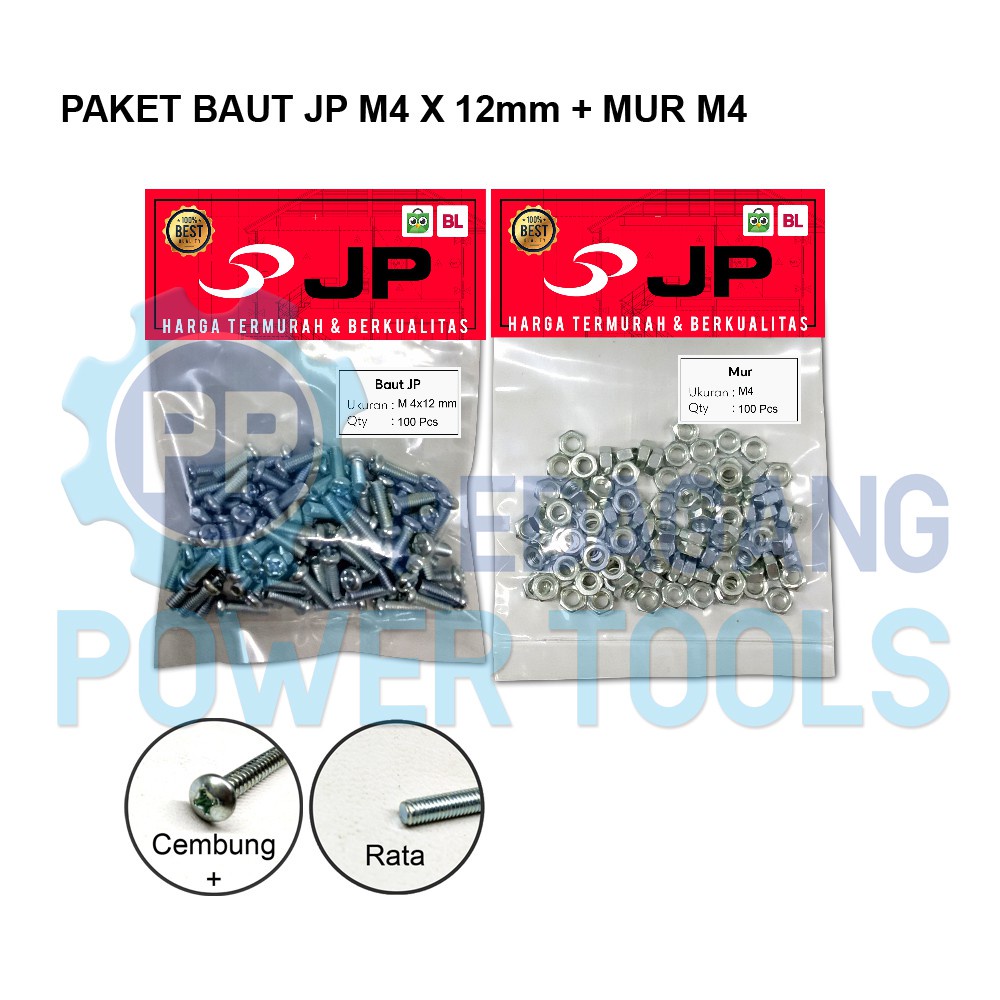 PAKET 2 SET BAUT MUR 4x12 BAUT JP M 4 x 12 MM MUR M4 SKRUP ISI 100 PCS