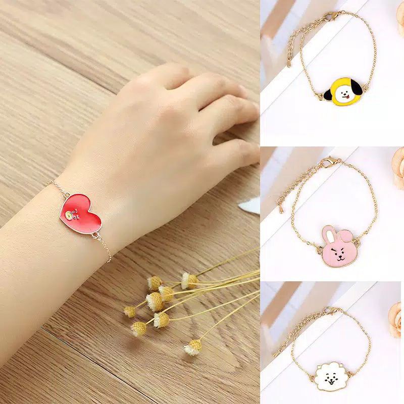 Gelang Tangan Rantai Metal Motif Kartun KPOP BTS BT21 Warna Gold