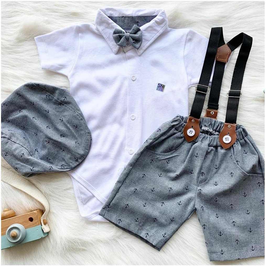 Setelan jumper celana suspender topi dasi motif bintik fashion anak bayi cowok laki baby boy -baw-WHITE, JANGKAR