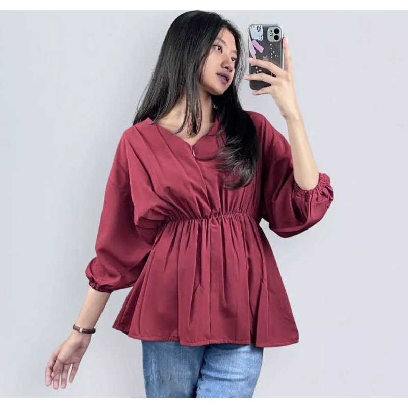 BAJU ATASAN WANITA TERBARU TENGAH KARET MOTIF POLOS TERMURAH