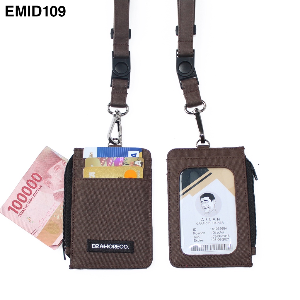 EMID109 name tag gantungan dompet ID card holder tali lanyard zipper kartu coklat