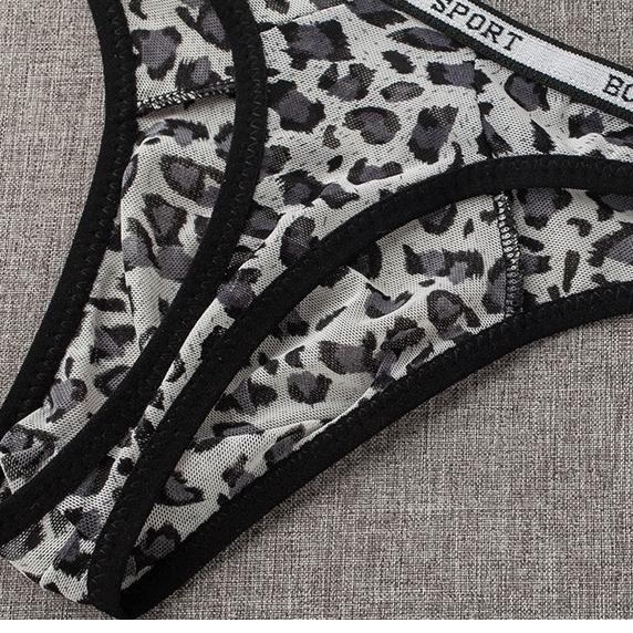 Stok Terbaru G String Pria Seksi Low Waist Transparan Mesh Celana Dalam Pria Leopard Pola U Segitiga