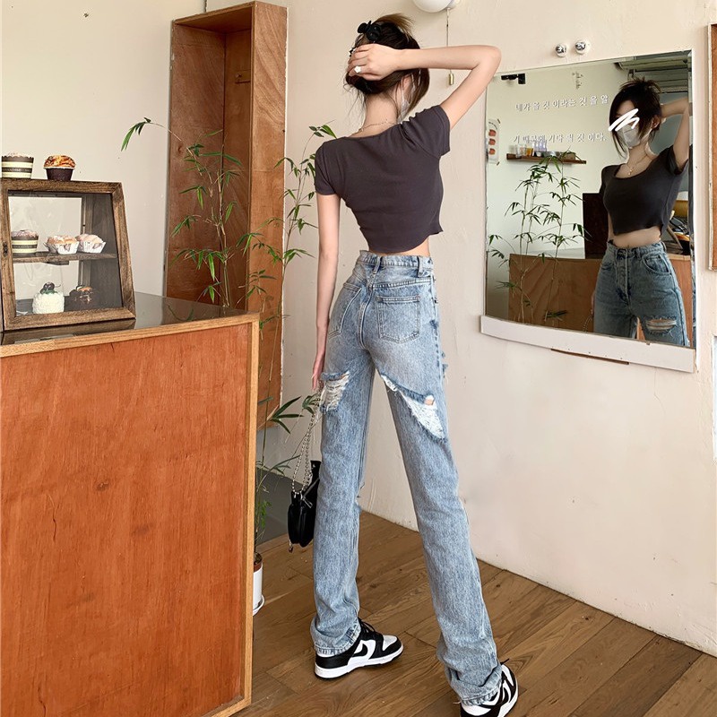 Celana Jeans Gaya Korea Musim Panas Baru Dicuci Biru Celana Jeans Robek Wanita Desain Ritsleting Ret