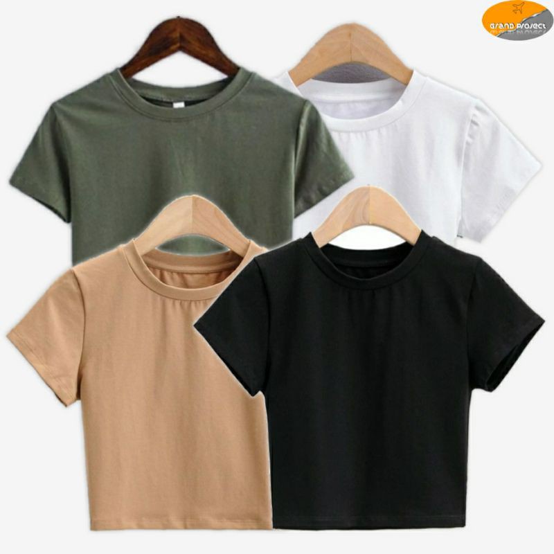 Kaos Crop Top Korea Wanita Polos Kaos Wanita Crop Tee Press Body (S,M,L)