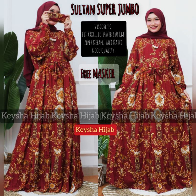 GAMIS SUPER JUMBO SULTAN FREE MASKER, BAHAN VISCOSE HQ, LD.140 PB.140, BUSUI, ZIPER DEPAN